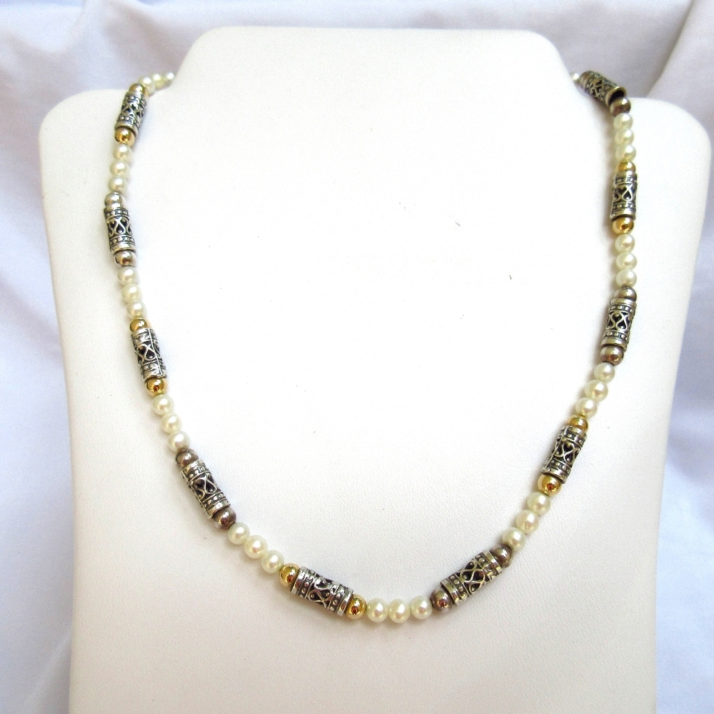 Cultured Pearls - Bohemian Sterling Silver & 14K Gold Beads Necklace 18"